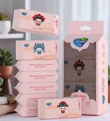 Влажные салфетки мини розовые без аромата 64 шт